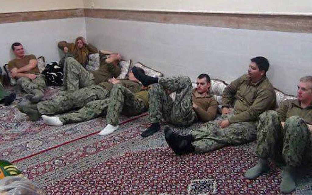 File: US sailors released by Iran on January 13, 2016, after their boats entered Iranian territorial waters the day before. (screen capture/Twitter) File: US sailors released by Iran on January 13, 2016, after their boats entered Iranian territorial waters the day before. (screen capture/Twitter)