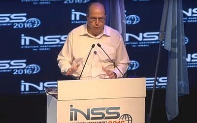 Defense Minister Moshe Ya'alon speaks at the INSS conference on January 19, 2015 (Youtube screenshot)