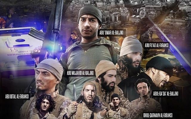 A page from Dabiq shows the terrorists involved in the Paris attacks on November 13. Two of the men in the picture were unknown to Belgian prosecutors. (Screen capture Dabiq) A page from Dabiq shows the terrorists involved in the Paris attacks on November 13. Two of the men in the picture were unknown to Belgian prosecutors. (Screen capture Dabiq)