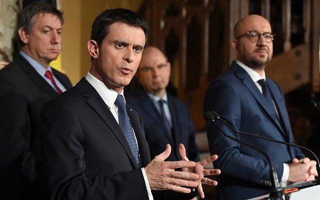 France's Prime Minister Manuel Valls (L) and Belgium's Prime Minister Charles Michel address a press conference at the end of a mini-summit between France and Belgium on terrorism, in Brussels, February 1, 2016. (Emmanuel Dunand/AFP) France's Prime Minister Manuel Valls (L) and Belgium's Prime Minister Charles Michel address a press conference at the end of a mini-summit between France and Belgium on terrorism, in Brussels, February 1, 2016. (Emmanuel Dunand/AFP)