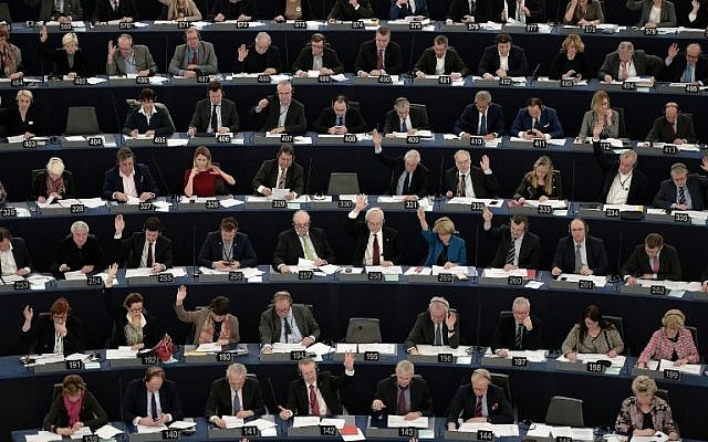 Illustrative: Members of the European Parliament take part in a voting session at the European Parliament in Strasbourg, France, on February 2, 2016. (AFP/Frederick Florin) Illustrative: Members of the European Parliament take part in a voting session at the European Parliament in Strasbourg, France, on February 2, 2016. (AFP/Frederick Florin)