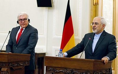 Iran's Foreign Minister Mohammad Javad Zarif (right) and his German counterpart, Frank-Walter Steinmeier, during a meeting on February 2, 2016, in Tehran. (AFP/Atta Kenare)