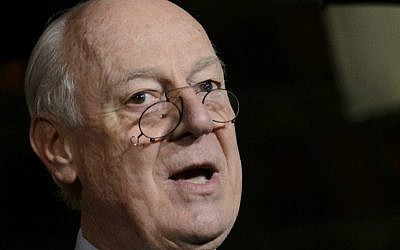 UN Syria envoy Staffan de Mistura at a press briefing during Syrian peace talks on February 3, 2016 in Geneva. (Fabrice Coffrini/AFP) UN Syria envoy Staffan de Mistura at a press briefing during Syrian peace talks on February 3, 2016 in Geneva. (Fabrice Coffrini/AFP)