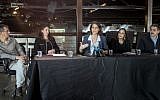 (L to R) Israeli NGO leaders, Hagai El-Ad, Reut Michaeli, Yuli Novak, Tania Hary and Jafar Farah, attend a press conference on February 5, 2016 in Tel Aviv. (AFP/JACK GUEZ)