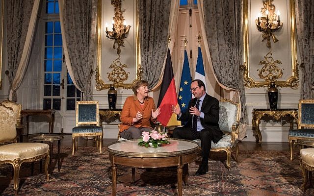 French President Francois Hollande (R) and German Chancellor Angela Merkel talk together at the Prefecture in Strasbourg, eastern France, on February 7, 2016, during a meeting about the migrant crisis. (AFP/Pool/Patrick Seeger) French President Francois Hollande (R) and German Chancellor Angela Merkel talk together at the Prefecture in Strasbourg, eastern France, on February 7, 2016, during a meeting about the migrant crisis. (AFP/Pool/Patrick Seeger)