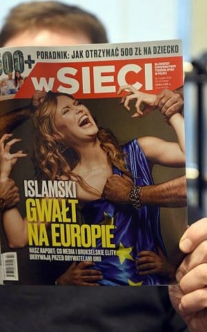 The front page of nationalist Polish weekly "W sieci" (On the web) with the title "Islamic rape of Europe," February 18, 2016 in Warsaw. (Janek Skarzynski/AFP)