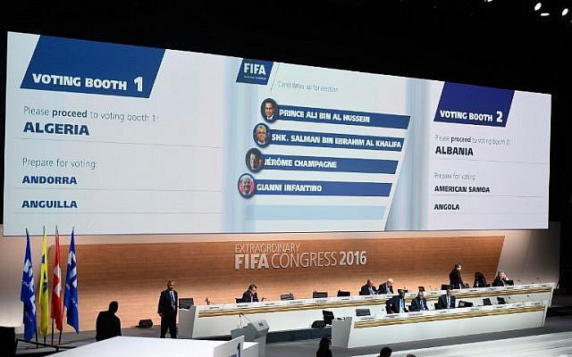 A monitor displays the names of the FIFA presidential candidates (from top) Prince Ali bin al-Hussein, Sheikh Salman bin Ebrahim al-Khalifa, Jerome Champagne and Gianni Infantino during an extraordinary FIFA Congress at the headquarters of the world's governing body of soccer in Zurich on February 26, 2016.
(AFP/OLIVIER MORIN) A monitor displays the names of the FIFA presidential candidates (from top) Prince Ali bin al-Hussein, Sheikh Salman bin Ebrahim al-Khalifa, Jerome Champagne and Gianni Infantino during an extraordinary FIFA Congress at the headquarters of the world's governing body of soccer in Zurich on February 26, 2016.
(AFP/OLIVIER MORIN)