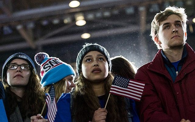 Audience members listen to Democratic presidential hopeful, Sen. Bernie Sanders (D-VT) speak at a campaign rally and concert at the University of New Hampshire's Whittemore Center Arena on February 8, 2016 in Durham, New Hampshire. (Andrew Burton/Getty Images/AFP) Audience members listen to Democratic presidential hopeful, Sen. Bernie Sanders (D-VT) speak at a campaign rally and concert at the University of New Hampshire's Whittemore Center Arena on February 8, 2016 in Durham, New Hampshire. (Andrew Burton/Getty Images/AFP)