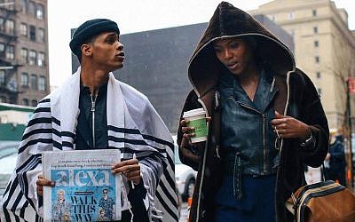 A participant in New York Fashion Week wears a Jewish prayer shawl on February 4, 2016. (Phil Oh/Facebook)