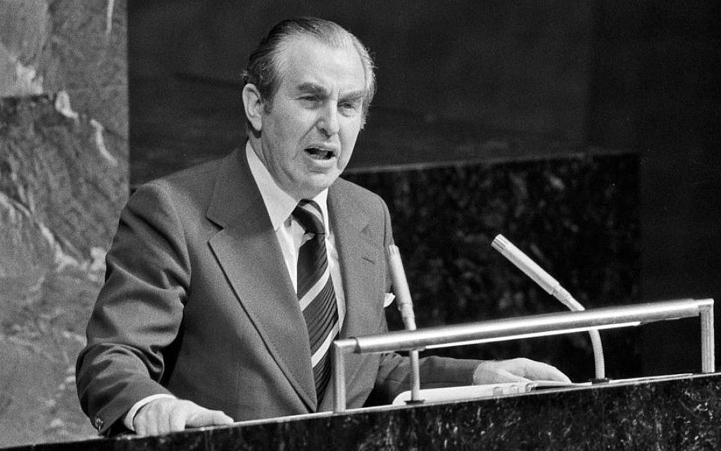 Then-Israeli ambassador to the United Nations Chaim Herzog addresses the UN General Assembly on November 10, 1975, at the vote to label Zionism as 'racism,' at the United Nations, New York. (UN Photo/Michos Tzovaras) Then-Israeli ambassador to the United Nations Chaim Herzog addresses the UN General Assembly on November 10, 1975, at the vote to label Zionism as 'racism,' at the United Nations, New York. (UN Photo/Michos Tzovaras)