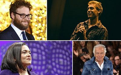 Clockwise from top left: Seth Rogen, Matisyahu, Ralph Lauren and Sheryl Sandberg all went to Jewish camp (Courtesy JTA)