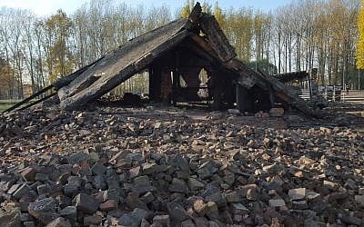 Ruins of a gas chamber-crematorium facility at Auschwitz-Birkenau, known as Krematorium II, photographed in November 2015. (Matt Lebovic/The Times of Israel)