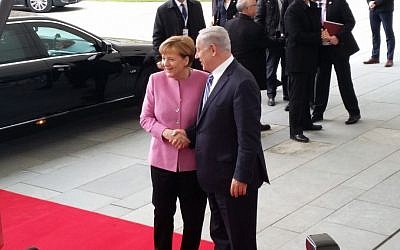 Prime Minister Benjamin Netanyahu, right, being greeted by German Chancellor Angela Merkel on Berlin on February 16, 2016. (Raphael Ahren/Times of Israel) Prime Minister Benjamin Netanyahu, right, being greeted by German Chancellor Angela Merkel on Berlin on February 16, 2016. (Raphael Ahren/Times of Israel)