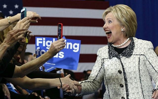 Democratic presidential candidate Hillary Clinton greets supporters after winning the South Carolina primary in Columbia, South Carolina, February 27, 2016. (AP/Gerald Herbert) Democratic presidential candidate Hillary Clinton greets supporters after winning the South Carolina primary in Columbia, South Carolina, February 27, 2016. (AP/Gerald Herbert)