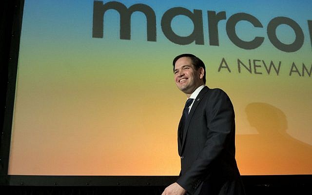 Republican presidential candidate Sen. Marco Rubio, R-Fla, walks on stage during an election-night rally Saturday, Feb. 20, 2016, in Columbia, S.C. (AP Photo/John Bazemore)