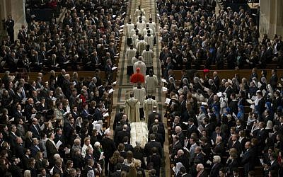 The procession during the funeral mass for the late Supreme Court Associate Justice Antonin Scalia, at the Basilica of the National Shrine of the Immaculate Conception in Washington, Saturday, Feb. 20, 2016. (Doug Mills/The New York Times via AP, Pool)