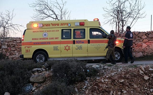 Ambulances at the scene of a suspected stabbing attack in the Neve Daniel settlement in the West Bank on February 9, 2016. (Magen David Adom) Ambulances at the scene of a suspected stabbing attack in the Neve Daniel settlement in the West Bank on February 9, 2016. (Magen David Adom)