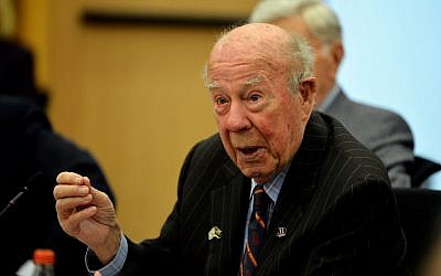 George Shultz at the Knesset in Jerusalem, February 2016 (Yosi Zeliger, IDI)