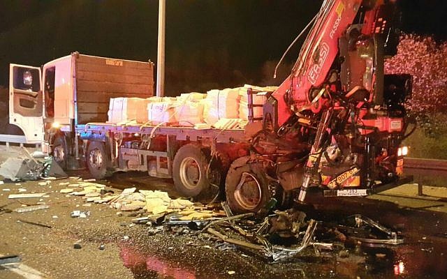 The truck that collided with a bus on the Route 1 highway near the Anava intersection on February 14, 2016. (United Hatzalah)