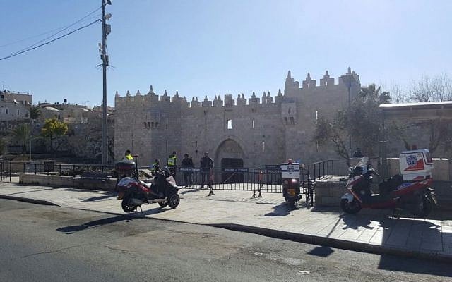 Scene of a stabbing attack at Damascus Gate outside the Old City of Jerusalem on February 19, 2016 (United Hatzalah) Scene of a stabbing attack at Damascus Gate outside the Old City of Jerusalem on February 19, 2016 (United Hatzalah)