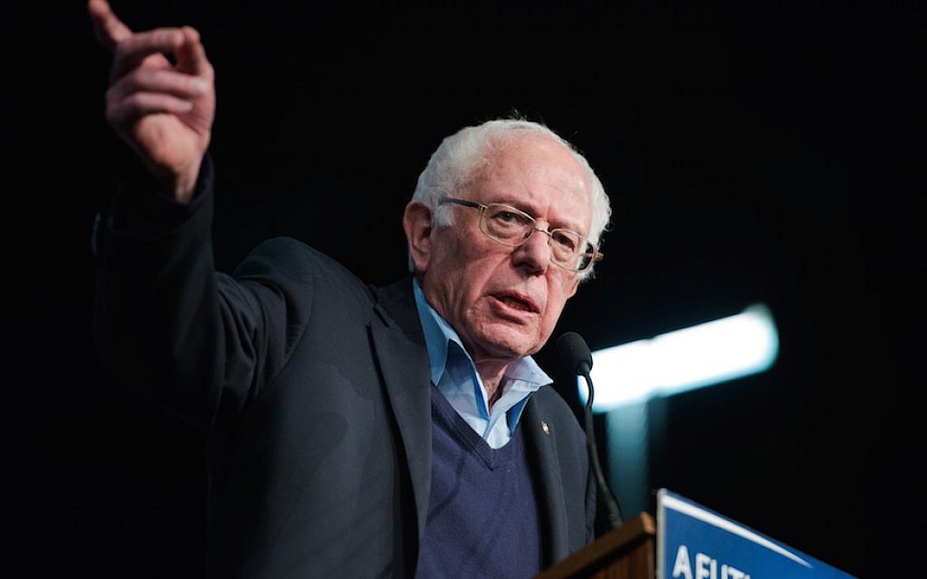 Democratic presidential candidate Sen. Bernard Sanders, I-Vt., speaking at a Get Out the Vote rally in Manchester, New Hampshire, February 8, 2016. (Meredith Dake-O’Connor/CQ Roll Call, via JTA)