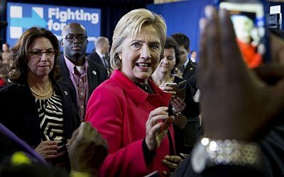Democratic presidential candidate Hillary Clinton greets the crowd after speaking during a town hall meeting at Denmark Olar Elementary School in Denmark, S.C., Friday Feb. 12, 2016. (AP Photo/Jacquelyn Martin)
