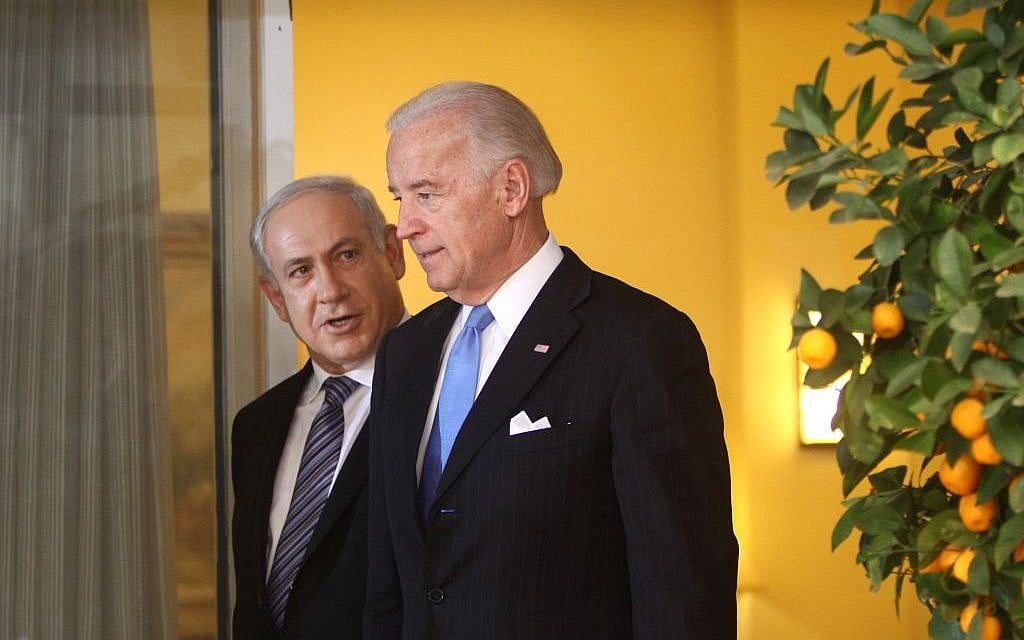 Prime Minister Benjamin Netanyahu, left, and then-US vice president Joe Biden, in Jerusalem on March 9, 2010. (Emil Salman/Pool/Flash90) Prime Minister Benjamin Netanyahu, left, and then-US vice president Joe Biden, in Jerusalem on March 9, 2010. (Emil Salman/Pool/Flash90)