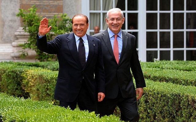 File: Benjamin Netanyahu, right, meets with then-Italian Prime Minister Silvio Berlusconi in Rome on June 13, 2011. (Amos Ben Gershom / GPO/FLASH90) File: Benjamin Netanyahu, right, meets with then-Italian Prime Minister Silvio Berlusconi in Rome on June 13, 2011. (Amos Ben Gershom / GPO/FLASH90)