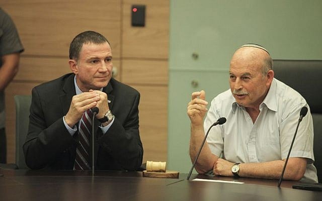File: Knesset Chairman Yuli Edelstein, left, and MK Nissan Slomiansky attend the opening meeting of the Law and Justice Committee at the Knesset on June 1, 2015 (Isaac Harari/Flash90) File: Knesset Chairman Yuli Edelstein, left, and MK Nissan Slomiansky attend the opening meeting of the Law and Justice Committee at the Knesset on June 1, 2015 (Isaac Harari/Flash90)