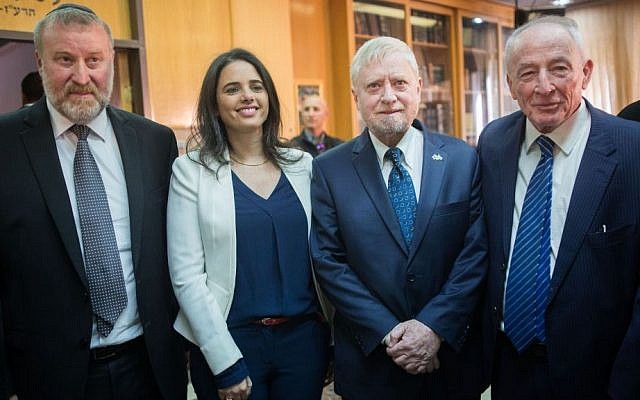 Outgoing Attorney General Yehuda Weinstein (right), State Comptroller Yosef Shapira (second right), Justice Minister Ayelet Shaked (second left) and incoming Attorney General Avichai Mendelblit (left) during the swearing-ceremony for the new attorney general, February 1, 2016. (Yonatan Sindel/Flash90) Outgoing Attorney General Yehuda Weinstein (right), State Comptroller Yosef Shapira (second right), Justice Minister Ayelet Shaked (second left) and incoming Attorney General Avichai Mendelblit (left) during the swearing-ceremony for the new attorney general, February 1, 2016. (Yonatan Sindel/Flash90)