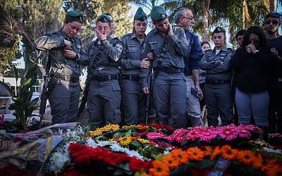 Border Police colleagues of Hadar Cohen, 19, at her funeral in Yehud, on February 4, 2016. Cohen was killed by Palestinian gunmen near Damascus Gate in Jerusalem on February 3. (Yonatan Sindel/Flash90)