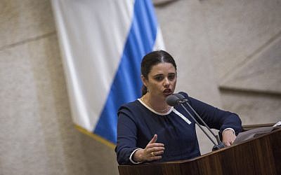 Justice Minister Ayelet Shaked speaks during a plenum session in the assembly hall of the Israeli parliament, before the Knesset votes on the proposed law requiring Left-wing foundations and organizations to reveal their sources of funding, on February 8, 2016. (Hadas Parush/Flash90)