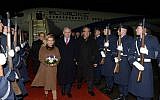 Prime Minister Benjamin Netanyahu and his wife Sara arrive in Berlin, Germany for an official state visit on February 15, 2016. (Amos Ben Gershom/GPO)