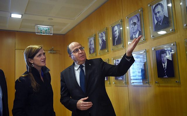 Defense Minister Moshe Yaalon met with US Ambassador at the UN, Samantha Power, during her visit to Israel, at the Defense Ministry in Tel Aviv, on February 16, 2016. (Diana Hananshvili/MOD) Defense Minister Moshe Yaalon met with US Ambassador at the UN, Samantha Power, during her visit to Israel, at the Defense Ministry in Tel Aviv, on February 16, 2016. (Diana Hananshvili/MOD)