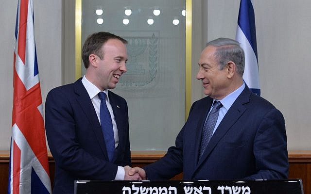 Prime Minister Benjamin Netanyahu meets with British Cabinet Minister, Matthew Hancock, in Jerusalem on February 17, 2016. (Kobi Gideon / GPO) Prime Minister Benjamin Netanyahu meets with British Cabinet Minister, Matthew Hancock, in Jerusalem on February 17, 2016. (Kobi Gideon / GPO)