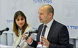 Minister of Education Naftali Bennett (right) seen with Education Ministry Director-General Michal Cohen at a press conference in Tel Aviv, February 18, 2016. (Flash90)
