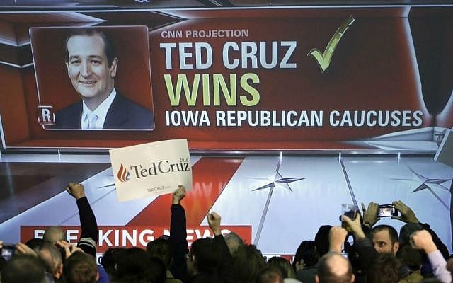 Supporters cheer as caucus returns are reported at Republican presidential candidate Sen. Ted Cruz's caucus night rally, Monday, Feb. 1, 2016, in Des Moines, Iowa. (AP Photo/Chris Carlson)