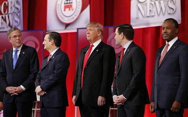 Republican presidential candidates, from left: Ohio Gov. John Kasich, former Florida Gov. Jeb Bush, Sen. Ted Cruz, R-Texas, businessman Donald Trump, Sen. Marco Rubio, R-Florida, and retired neurosurgeon Ben Carson. They take the stage before the CBS News Republican presidential debate at the Peace Center in Greenville, South Carolina, Saturday, Feb. 13, 2016. (AP Photo/John Bazemore) Republican presidential candidates, from left: Ohio Gov. John Kasich, former Florida Gov. Jeb Bush, Sen. Ted Cruz, R-Texas, businessman Donald Trump, Sen. Marco Rubio, R-Florida, and retired neurosurgeon Ben Carson. They take the stage before the CBS News Republican presidential debate at the Peace Center in Greenville, South Carolina, Saturday, Feb. 13, 2016. (AP Photo/John Bazemore)