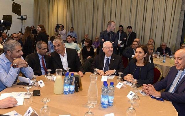 President Reuven Rivlin (third from right) meeting with Social Equality Minister Gila Gamliel (second right), Zionist Union MK Zouheir Bahloul (right), Finance Minister Moshe Kahlon (third from left) and leaders of the Arab Israeli public, on February 24 2016. (Mark Neyman/GPO) President Reuven Rivlin (third from right) meeting with Social Equality Minister Gila Gamliel (second right), Zionist Union MK Zouheir Bahloul (right), Finance Minister Moshe Kahlon (third from left) and leaders of the Arab Israeli public, on February 24 2016. (Mark Neyman/GPO)