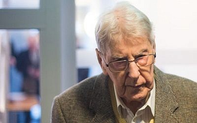 94-year-old former SS guard at the Auschwitz death camp Reinhold Hanning arrives for his trial in Detmold, Germany, February 11, 2016. (Bernd Thissen/Pool Photo via AP)