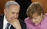 German Chancellor Angela Merke and the Prime Minister of Israel, Benjamin Netanyahu talk prior to a lunch as part of a one day governmental meeting at the chancellery in Berlin, Germany, Tuesday, Feb. 16, 2016. (AP Photo/Michael Sohn, Pool)