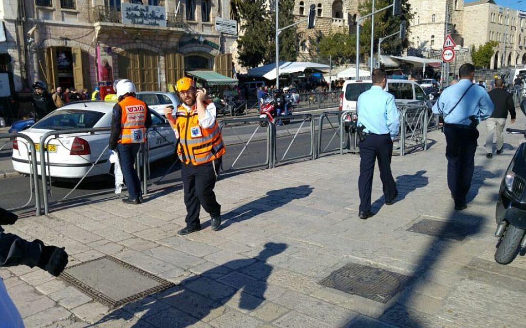 Police and medics at the scene of a shooting attack outside the Damascus Gate of Jerusalem's Old City on Wednesday, February 3, 2016 (Hatzalah) Police and medics at the scene of a shooting attack outside the Damascus Gate of Jerusalem's Old City on Wednesday, February 3, 2016 (Hatzalah)