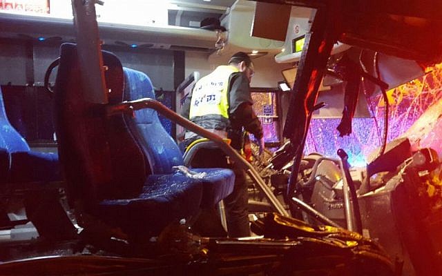 The scene of a deadly bus-truck collision on Route 1 on February 14, 2016 (ZAKA)