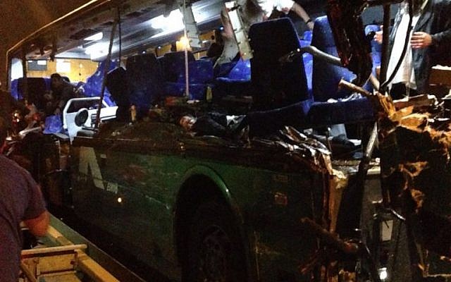 The scene of a deadly bus-truck collision on Route 1 on February 14, 2016 (ZAKA)