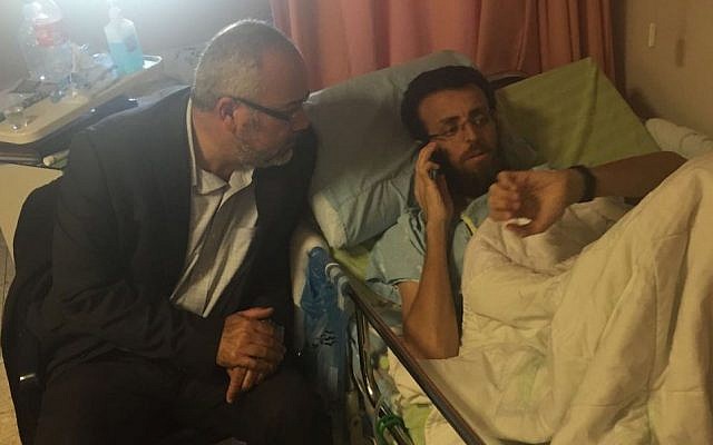Palestinian hunger striker Mohammed al-Qiq with Joint (Arab) List MK Osama Sa'adi at the Emek Medical Center in Afula, on February 26, 2016. (Courtesy Joint List) Palestinian hunger striker Mohammed al-Qiq with Joint (Arab) List MK Osama Sa'adi at the Emek Medical Center in Afula, on February 26, 2016. (Courtesy Joint List)