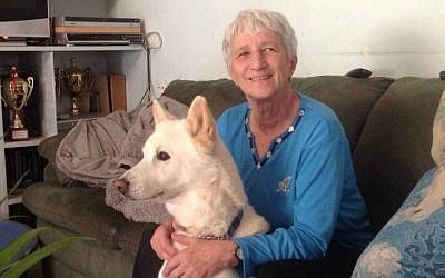 Myrna Shiboleth and one of her Canaan dogs, Sha'ar Hagai, February 2016 (Joel Zand)