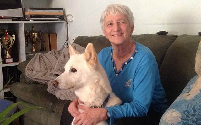 Myrna Shiboleth and one of her Canaan dogs, Sha'ar Hagai, February 2016 (Joel Zand)