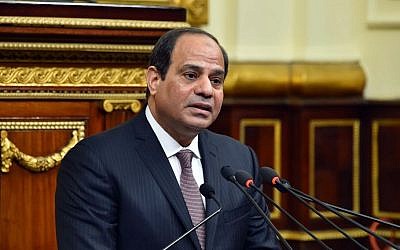 In this photo provided by Egypt's state news agency MENA, Egyptian President Abdel-Fattah el-Sissi, addresses parliament in Cairo, Egypt, Saturday, Feb. 13, 2016. (MENA via AP)