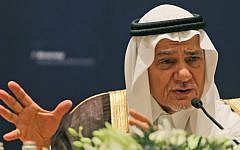 Former director of the Saudi Arabia General Intelligence Directorate and ex-ambassador to Washington Prince Turki al-Faisal in Abu Dhabi, United Arab Emirates, Sunday, Feb. 21, 2016. (AP Photo/Kamran Jebreili)