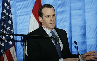 In this Dec. 9, 2015 file photo, President Barack Obama's envoy to the US-led coalition against the Islamic State, Brett McGurk, speaks to reporters during a news conference at the US Embassy in the heavily fortified Green Zone in Baghdad, Iraq. (Thaier Al-Sudani /Pool File Photo via AP)